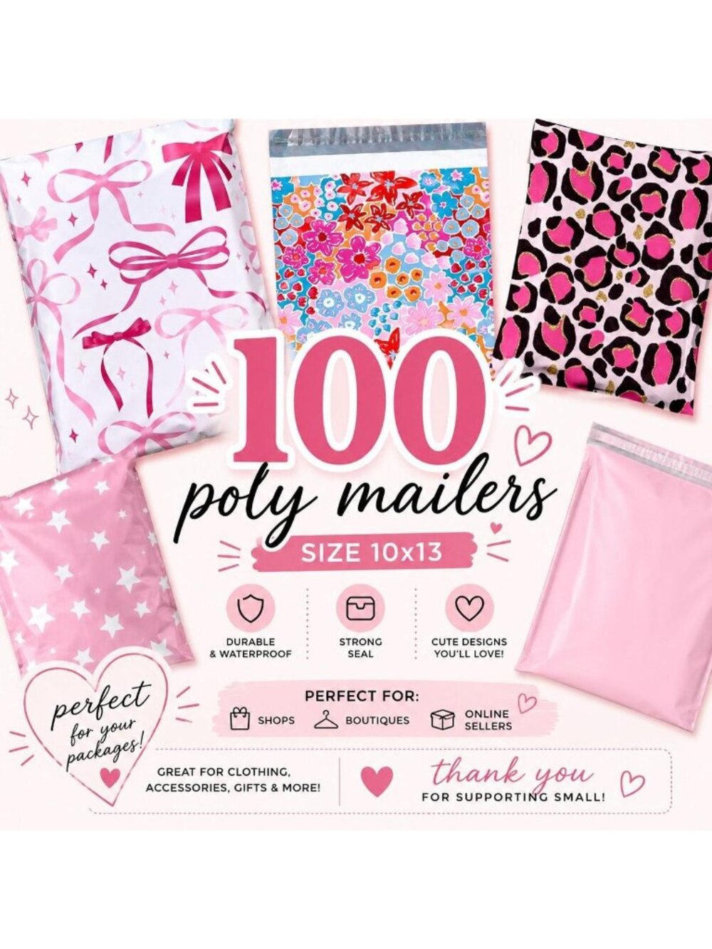 100 Pink Poly Mailers set lot size 10x13